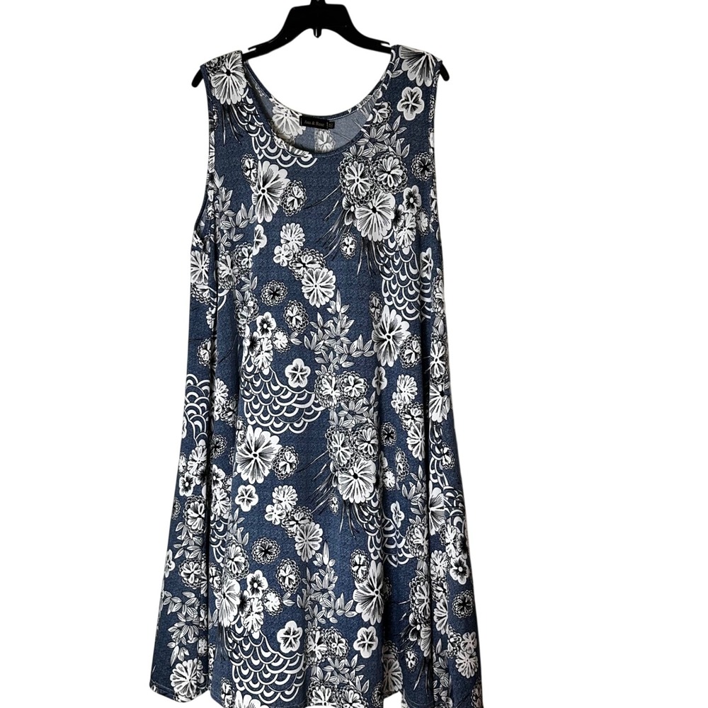 Ana & Rose 2X Blue White Floral Sleeveless Swing‎ Dress Plus Size Casual Knit